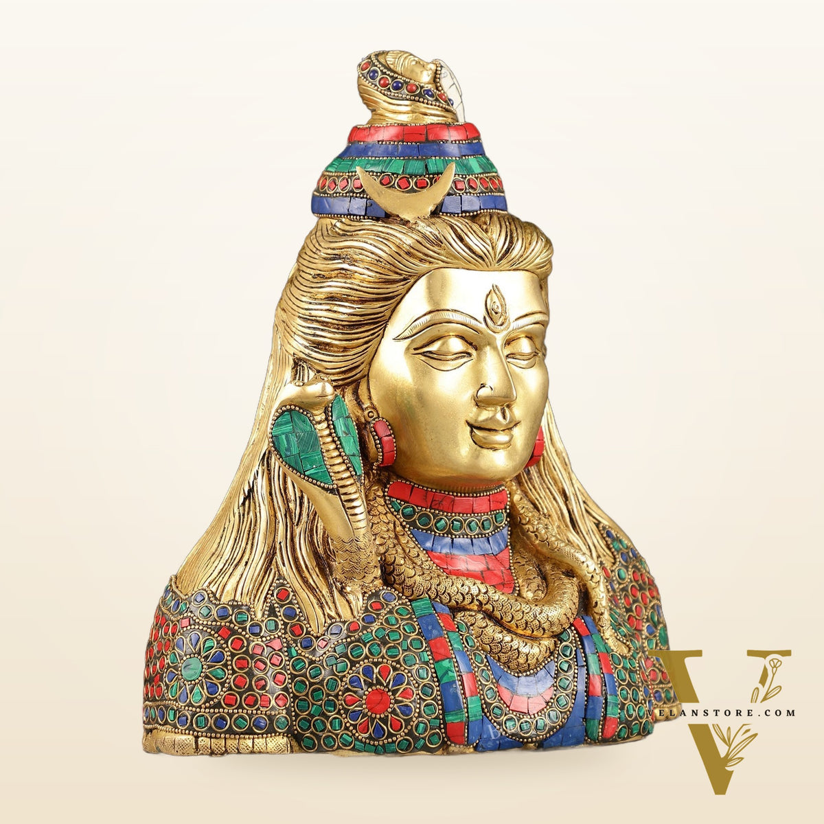 Exquisite Handcrafted Lord Shiva Bust Statue - Superfine Brass Tabletop Decor 12" with stonework