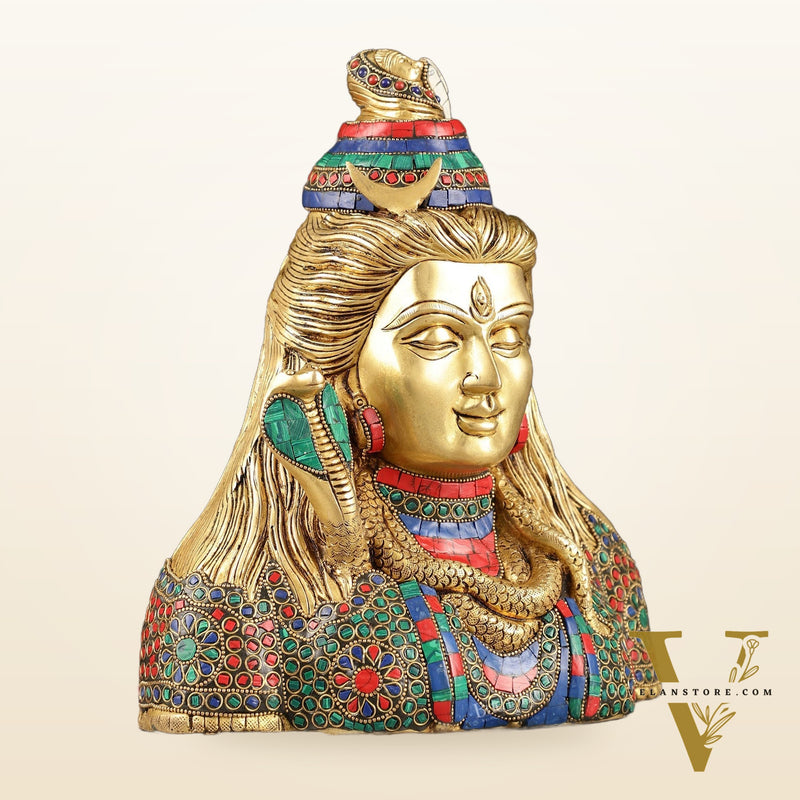 Exquisite Handcrafted Lord Shiva Bust Statue - Superfine Brass Tabletop Decor 12" with stonework