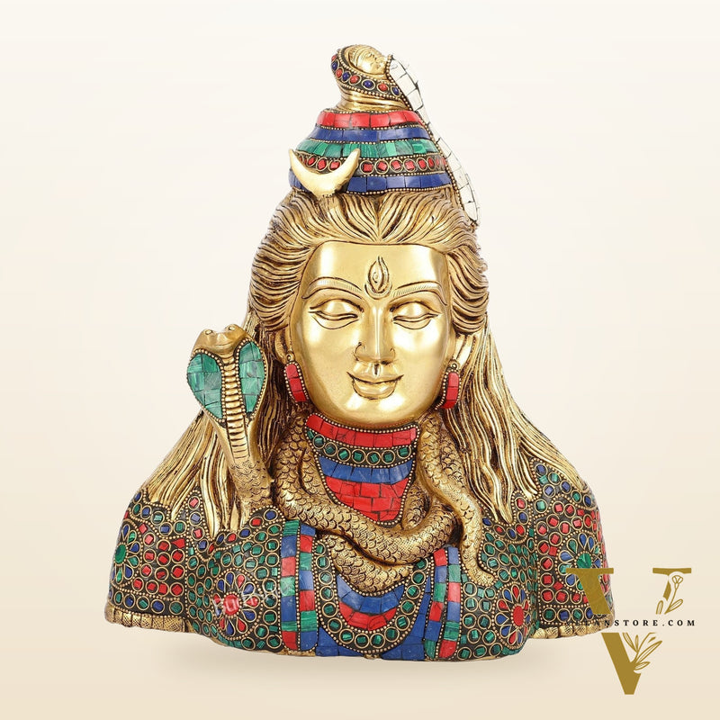Exquisite Handcrafted Lord Shiva Bust Statue - Superfine Brass Tabletop Decor 12" with stonework