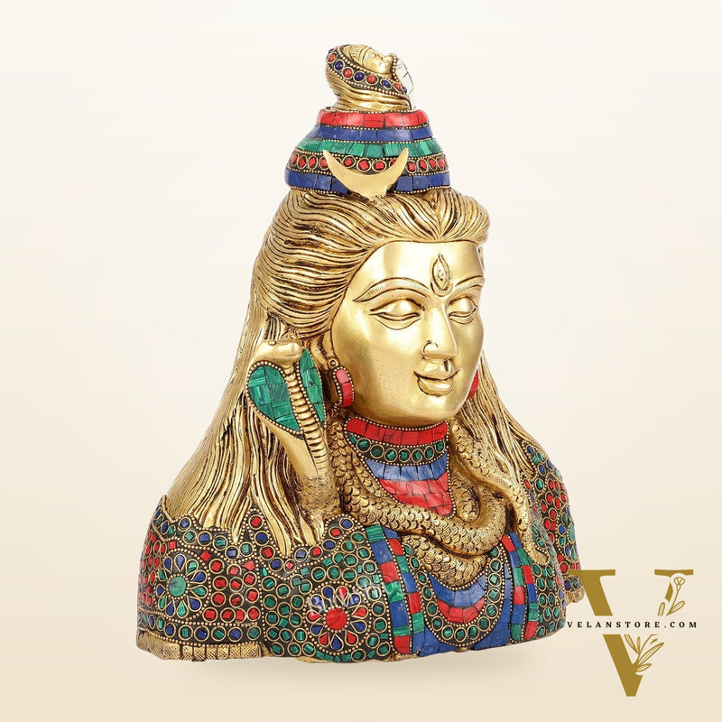 Exquisite Handcrafted Lord Shiva Bust Statue - Superfine Brass Tabletop Decor 12" with stonework