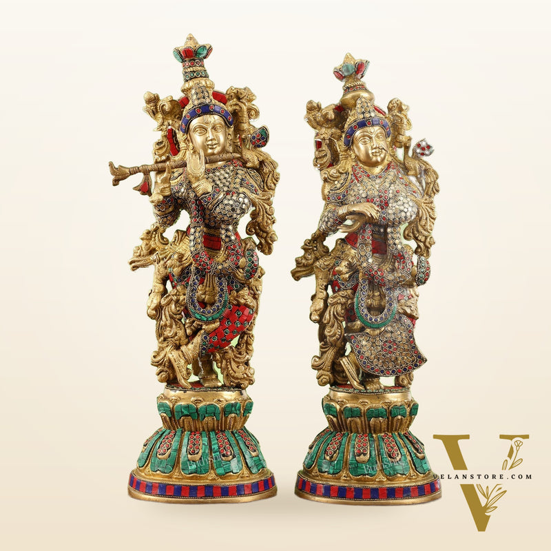 Exquisite Handcrafted Pure Brass Radha Krishna Statues - 21"