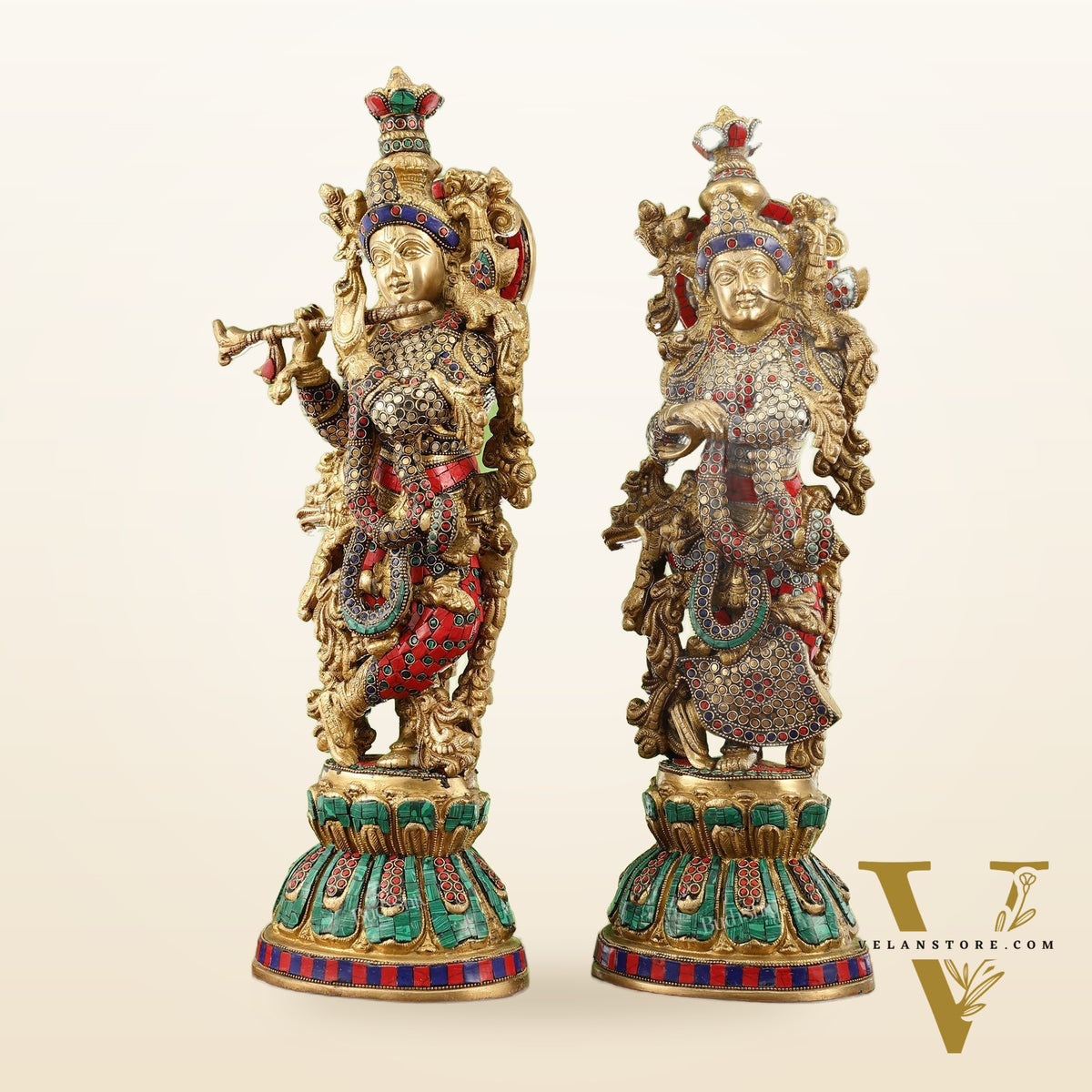 Exquisite Handcrafted Pure Brass Radha Krishna Statues - 21"