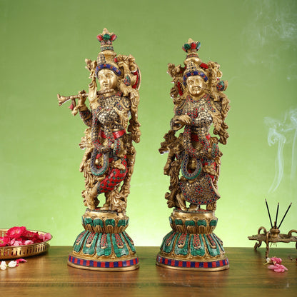 Exquisite Handcrafted Pure Brass Radha Krishna Statues - 21"