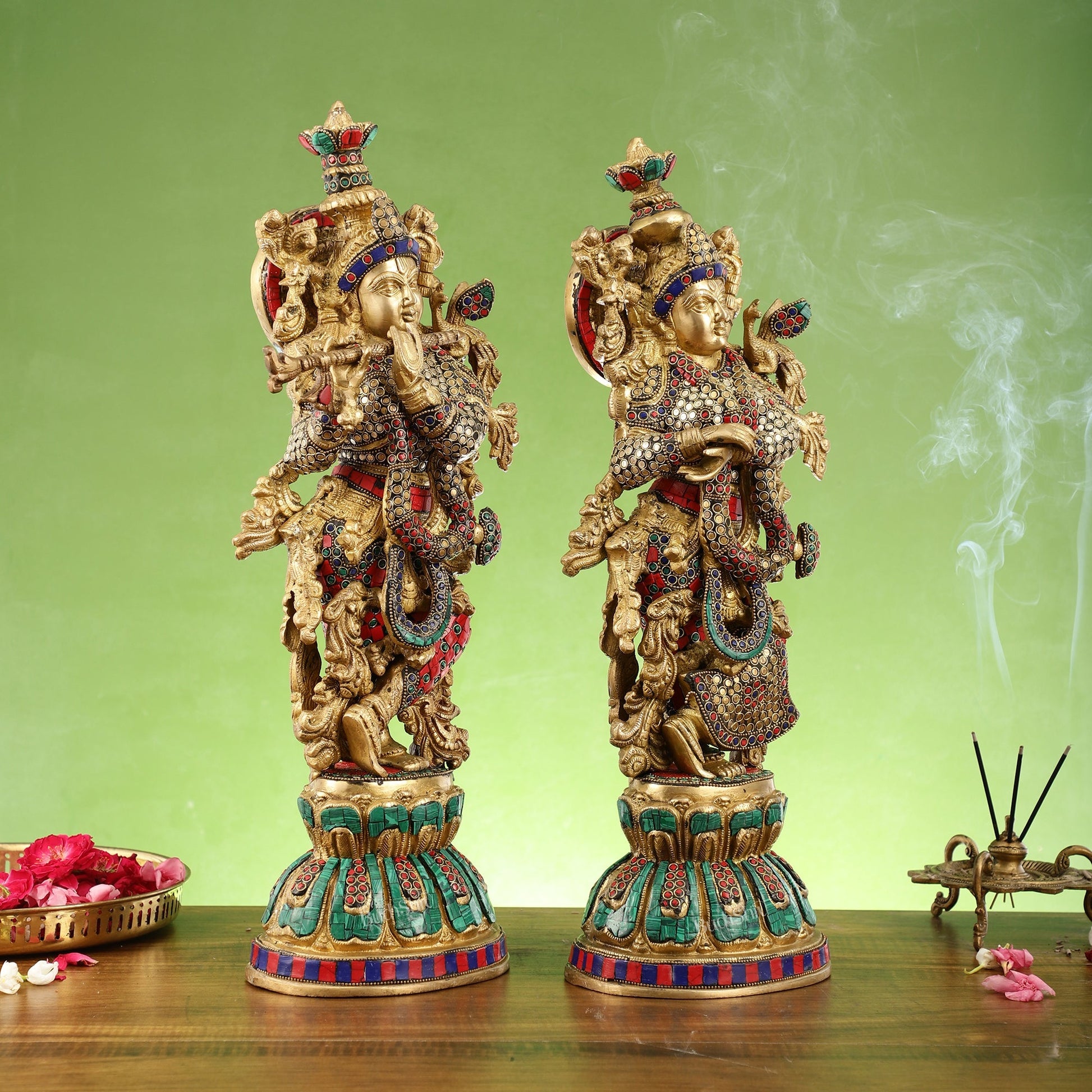 Exquisite Handcrafted Pure Brass Radha Krishna Statues - 21"