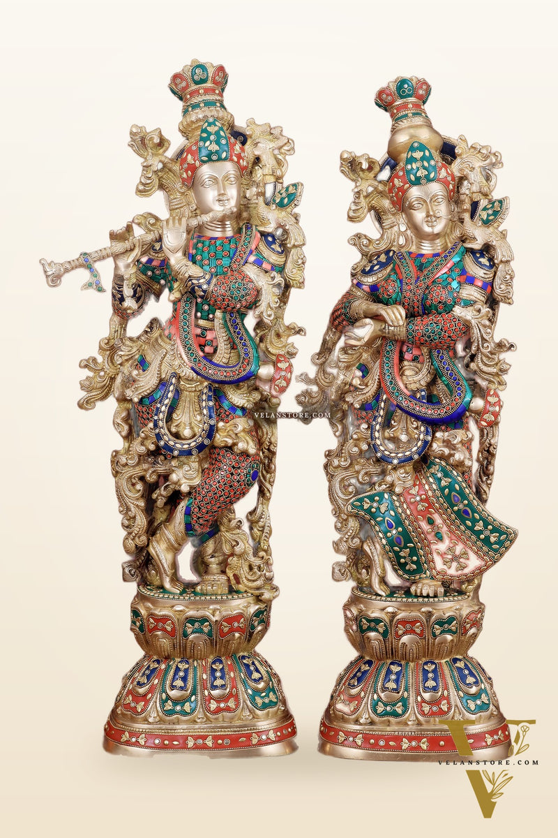 Exquisite Handmade Radha Krishna Idol Pair with Meenakari Stonework – 30 Inch