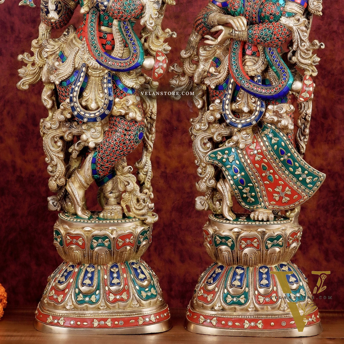 Exquisite Handmade Radha Krishna Idol Pair with Meenakari Stonework – 30 Inch
