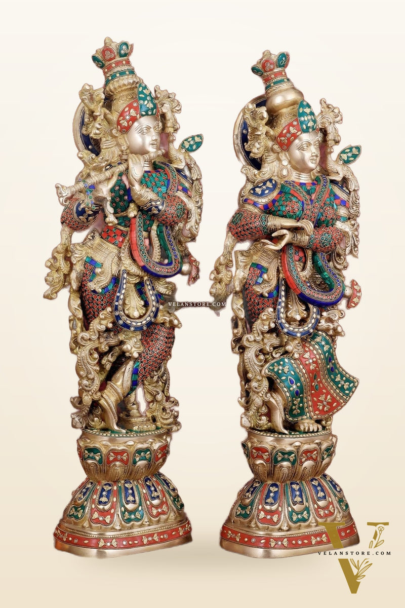 Exquisite Handmade Radha Krishna Idol Pair with Meenakari Stonework – 30 Inch