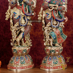 Exquisite Handmade Radha Krishna Idol Pair with Meenakari Stonework – 30 Inch