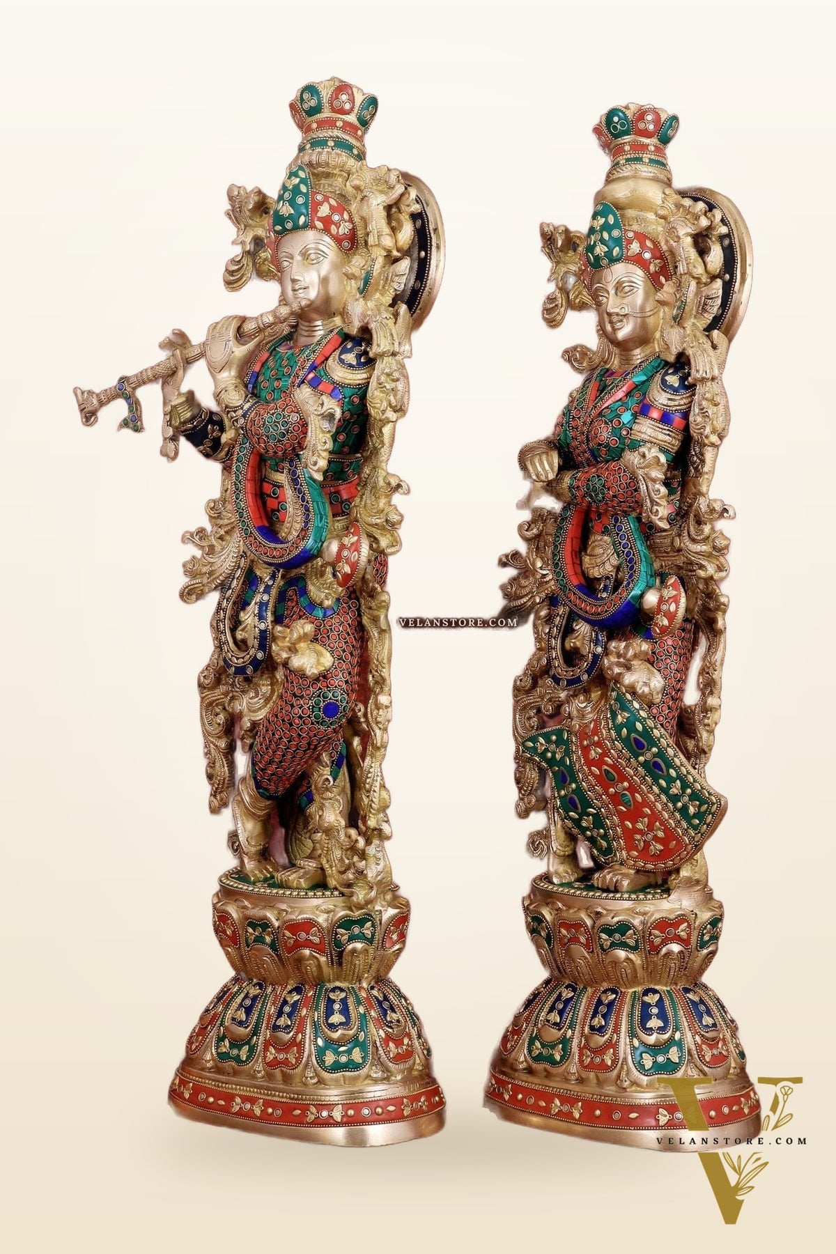 Exquisite Handmade Radha Krishna Idol Pair with Meenakari Stonework – 30 Inch