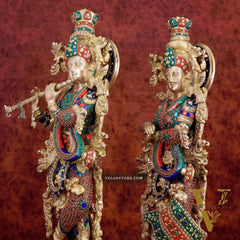Exquisite Handmade Radha Krishna Idol Pair with Meenakari Stonework – 30 Inch