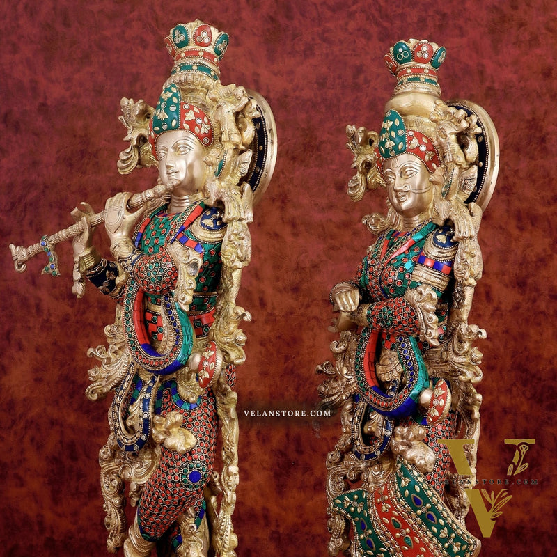 Exquisite Handmade Radha Krishna Idol Pair with Meenakari Stonework – 30 Inch
