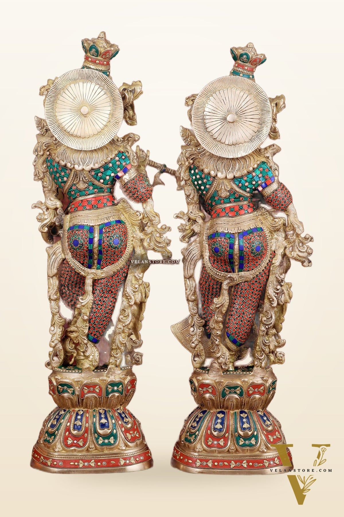 Exquisite Handmade Radha Krishna Idol Pair with Meenakari Stonework – 30 Inch