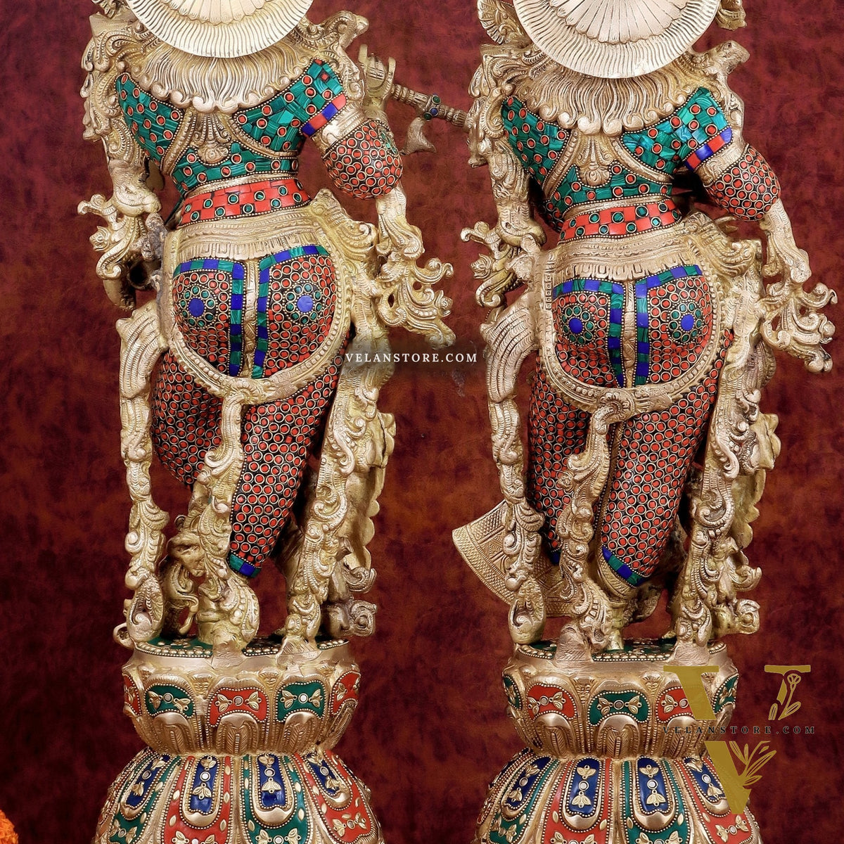 Exquisite Handmade Radha Krishna Idol Pair with Meenakari Stonework – 30 Inch