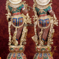 Exquisite Handmade Radha Krishna Idol Pair with Meenakari Stonework – 30 Inch