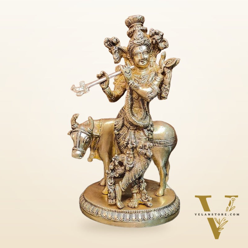 Exquisite Krishna with cow 10 inch Brass Idol