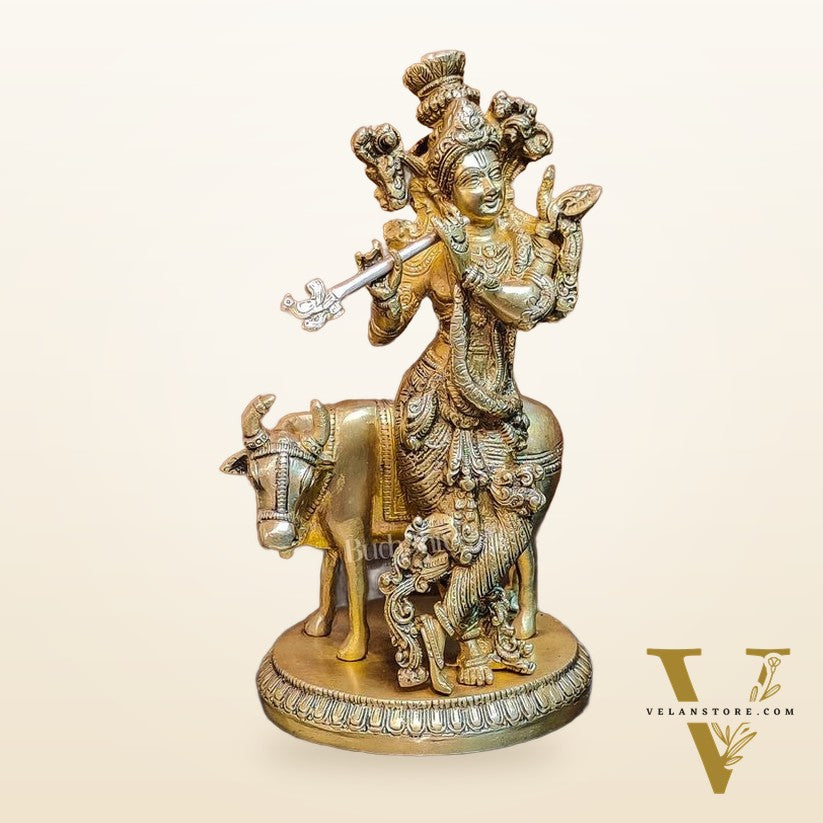 Exquisite Krishna with cow 10 inch Brass Idol