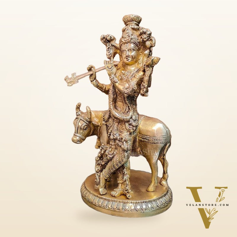 Exquisite Krishna with cow 10 inch Brass Idol