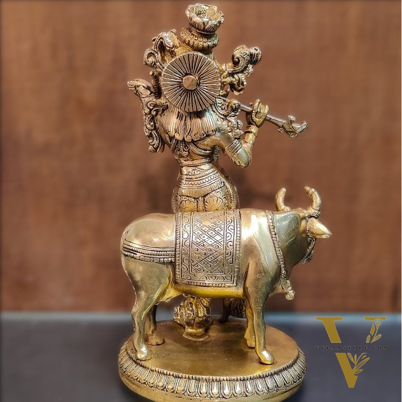 Exquisite Krishna with cow 10 inch Brass Idol