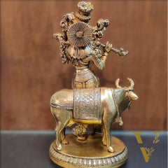 Exquisite Krishna with cow 10 inch Brass Idol