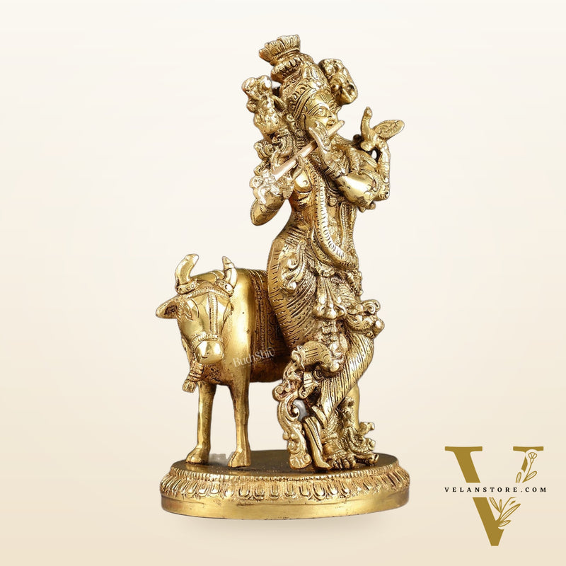 Exquisite Krishna with cow 10 inch Brass Idol