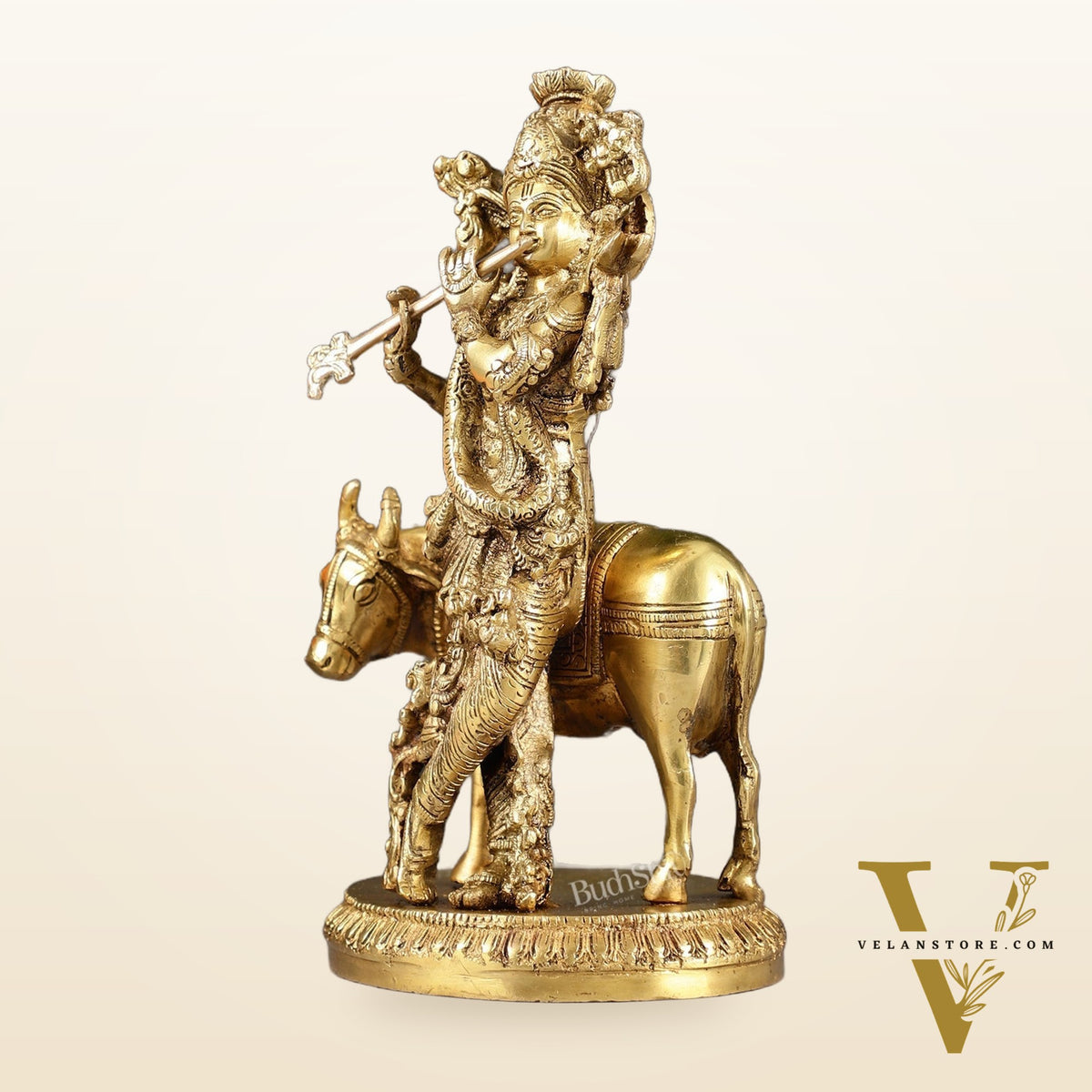Exquisite Krishna with cow 10 inch Brass Idol