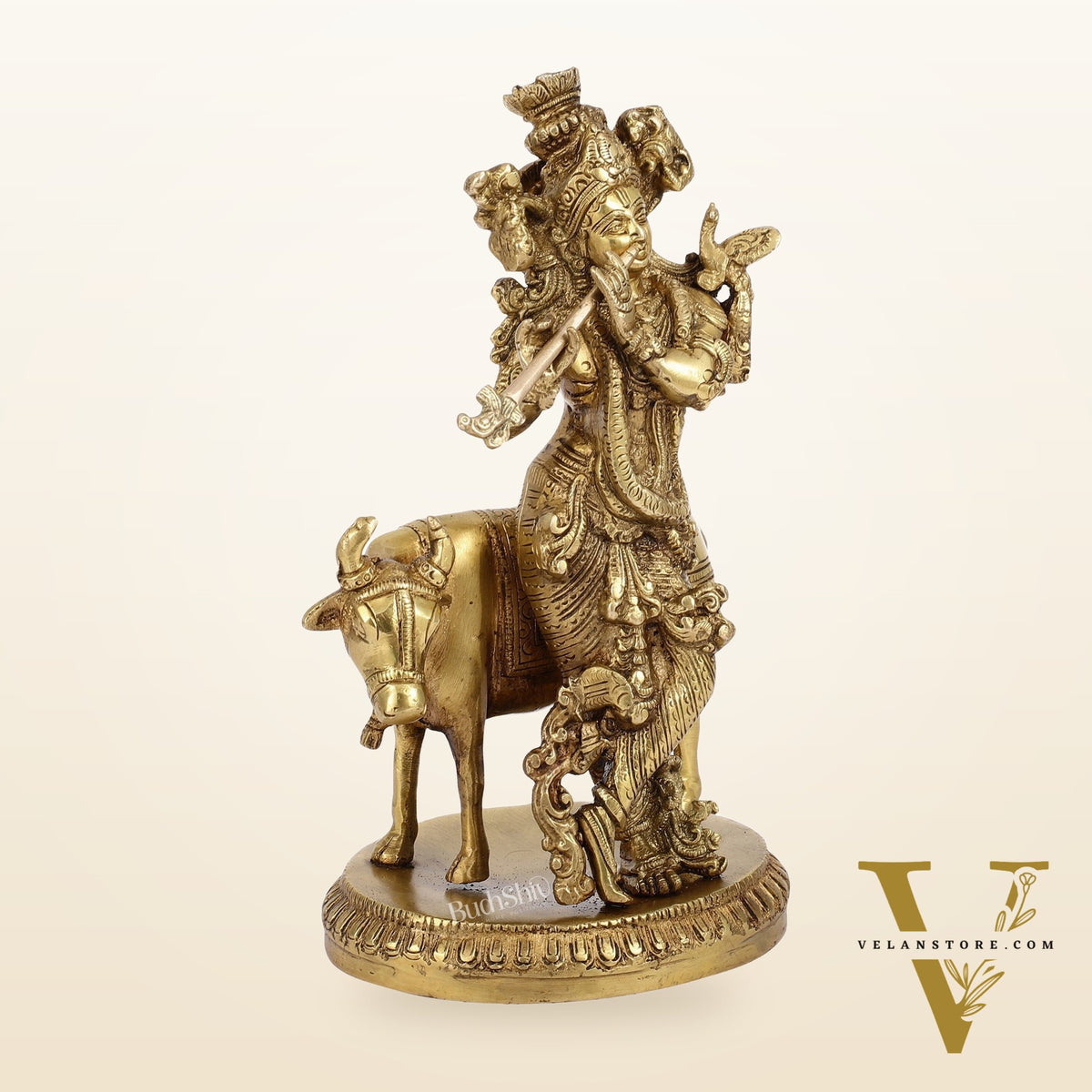 Exquisite Krishna with cow 10 inch Brass Idol