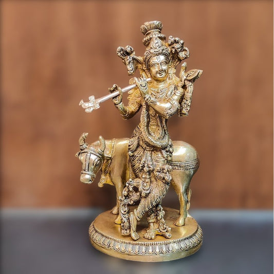 Exquisite Krishna with cow 10 inch Brass Idol