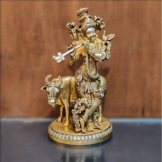 Exquisite Krishna with cow 10 inch Brass Idol