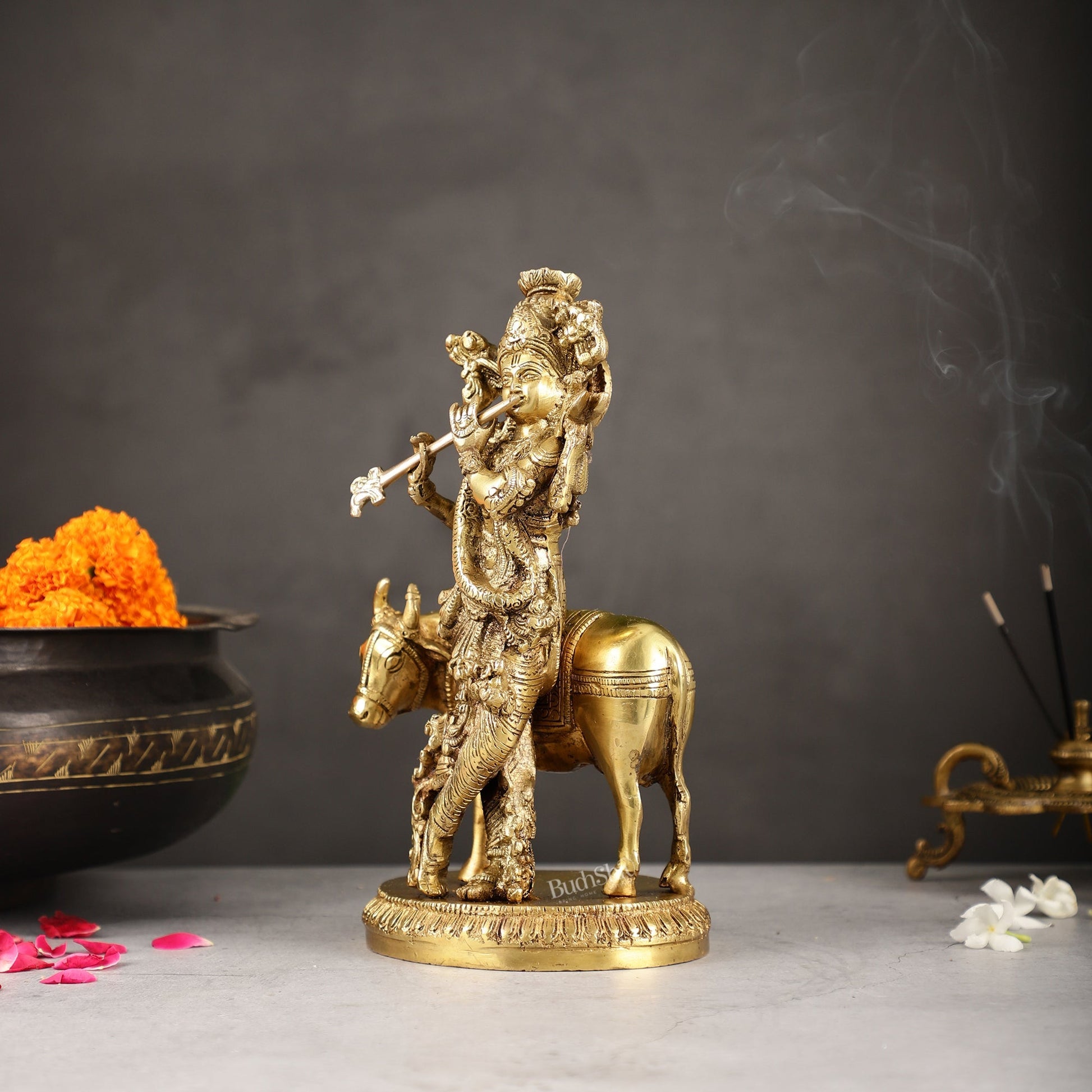 Exquisite Krishna with cow 10 inch Brass Idol