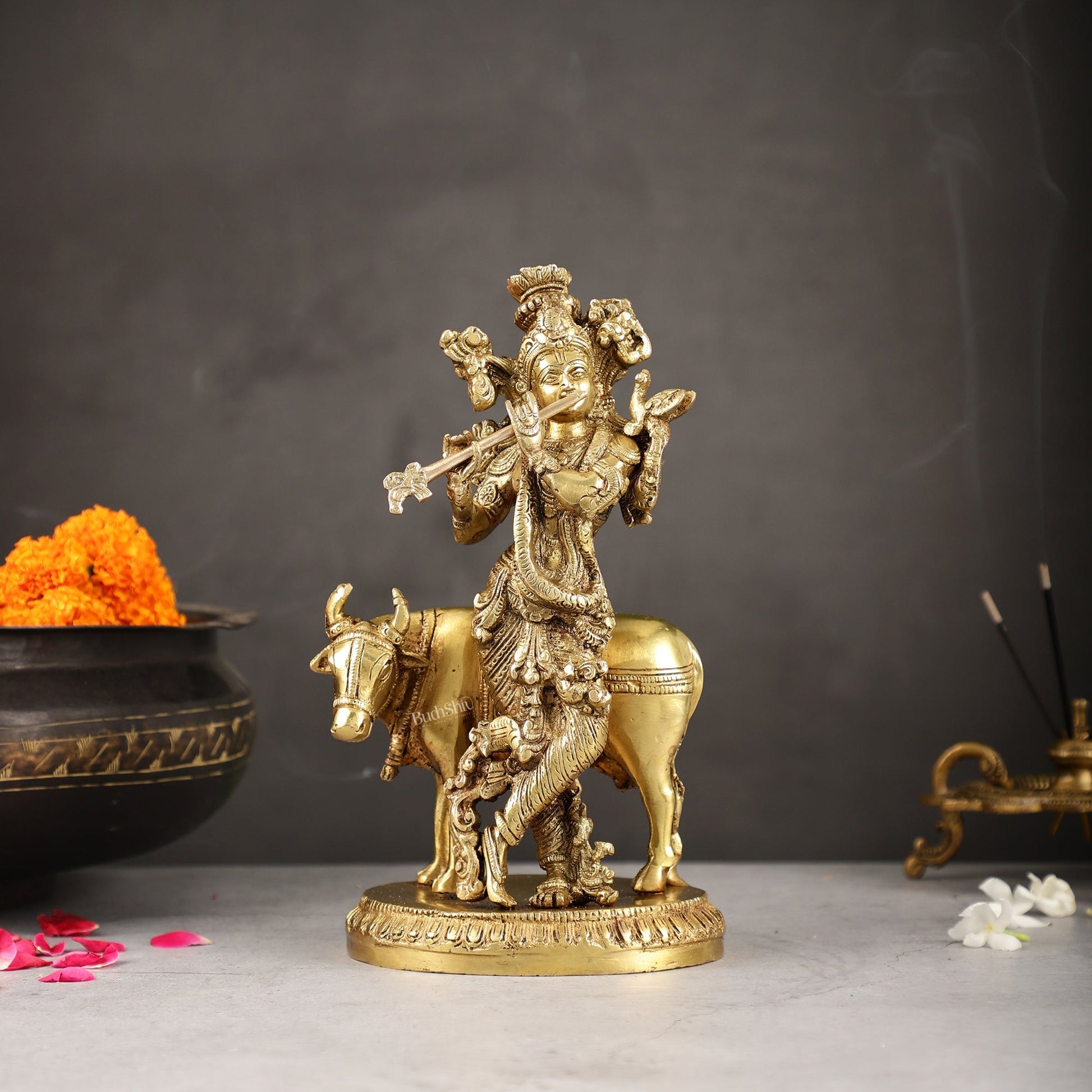 Exquisite Krishna with cow 10 inch Brass Idol