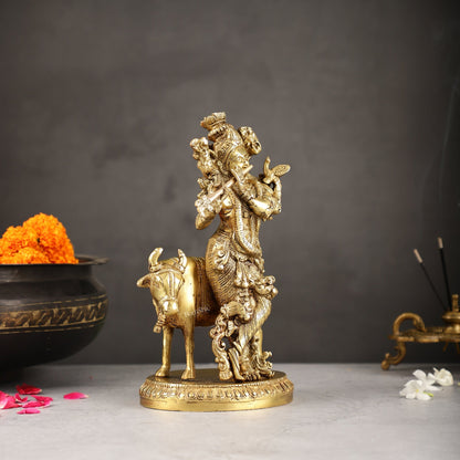 Exquisite Krishna with cow 10 inch Brass Idol