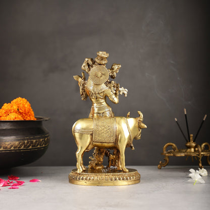 Exquisite Krishna with cow 10 inch Brass Idol