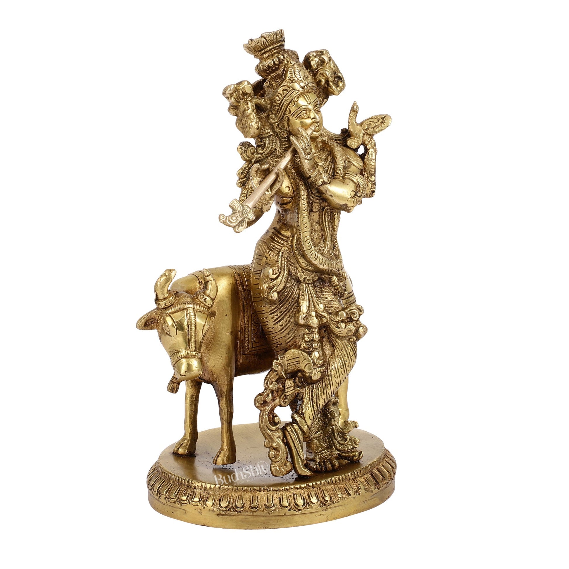 Exquisite Krishna with cow 10 inch Brass Idol