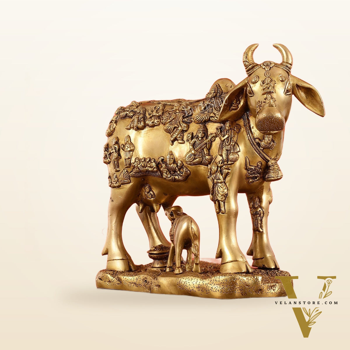 Exquisite large Brass Kamdhenu Cow with Calf Idol