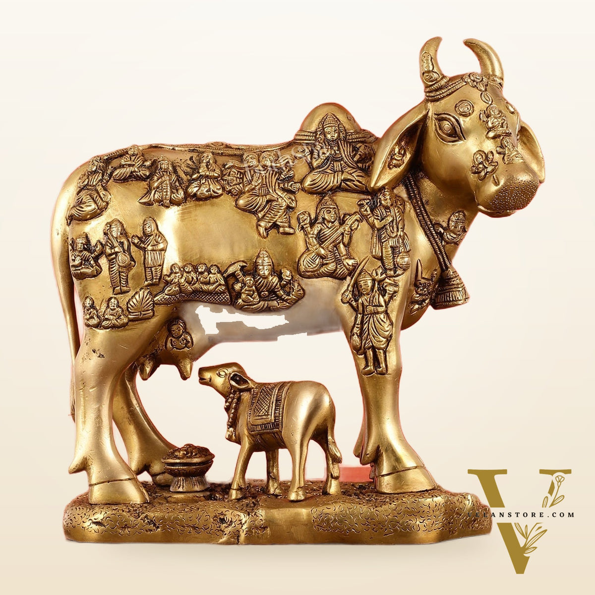 Exquisite large Brass Kamdhenu Cow with Calf Idol