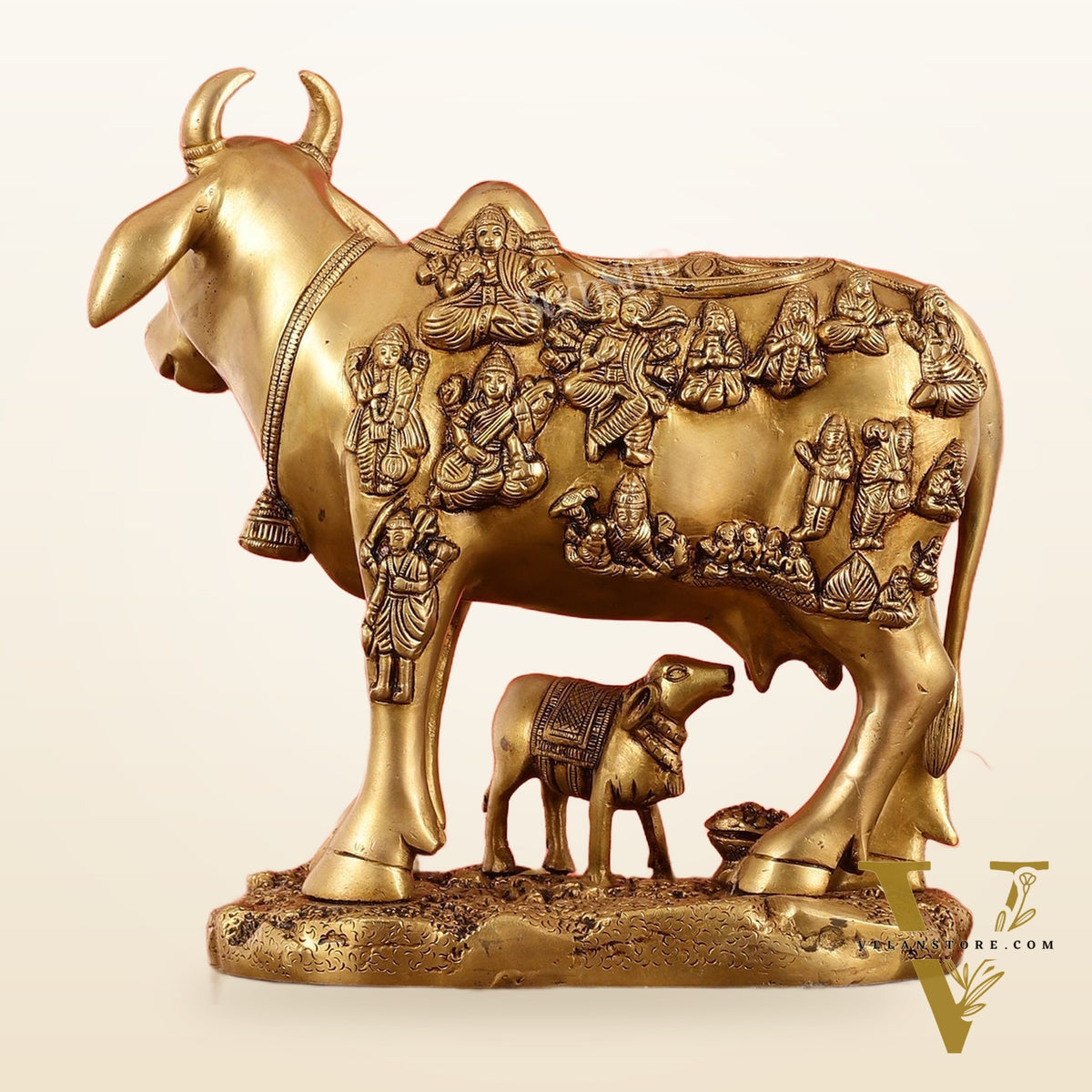 Exquisite large Brass Kamdhenu Cow with Calf Idol