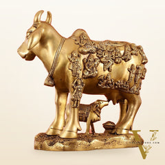 Exquisite large Brass Kamdhenu Cow with Calf Idol