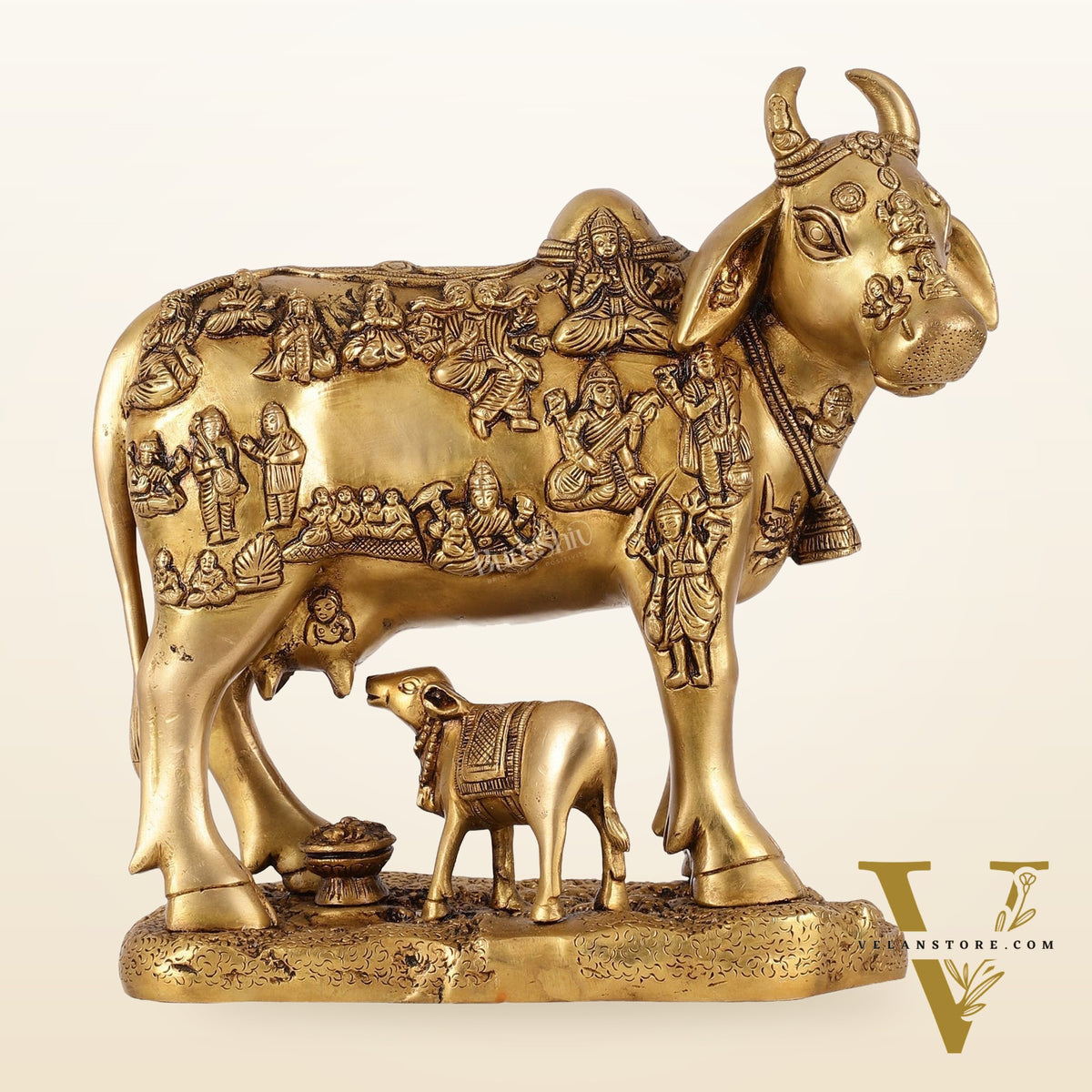 Exquisite large Brass Kamdhenu Cow with Calf Idol