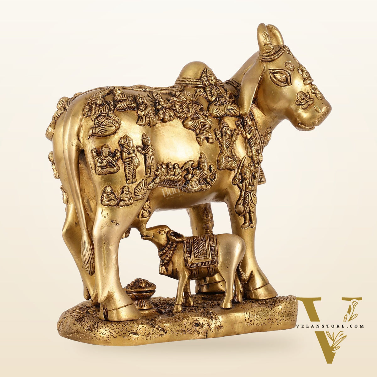 Exquisite large Brass Kamdhenu Cow with Calf Idol