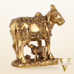 Exquisite large Brass Kamdhenu Cow with Calf Idol