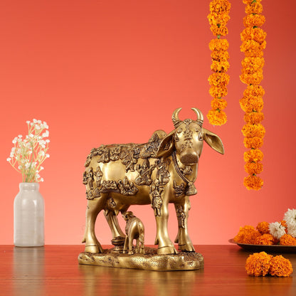 Exquisite large Brass Kamdhenu Cow with Calf Idol