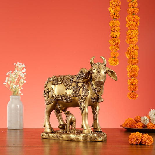Exquisite large Brass Kamdhenu Cow with Calf Idol