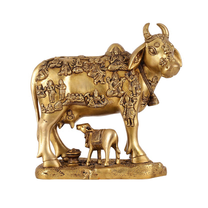 Exquisite large Brass Kamdhenu Cow with Calf Idol
