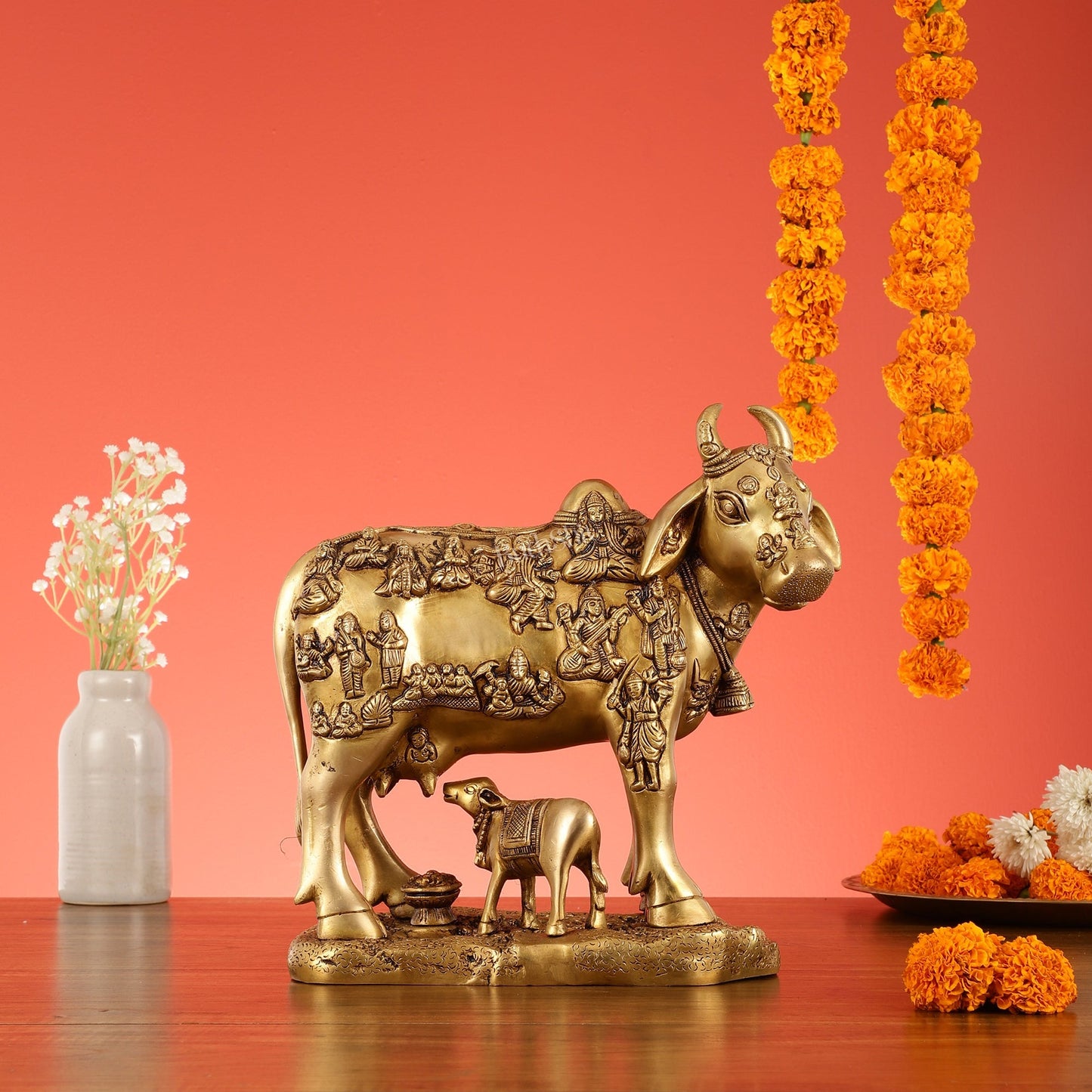 Exquisite large Brass Kamdhenu Cow with Calf Idol