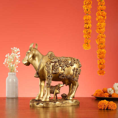 Exquisite large Brass Kamdhenu Cow with Calf Idol