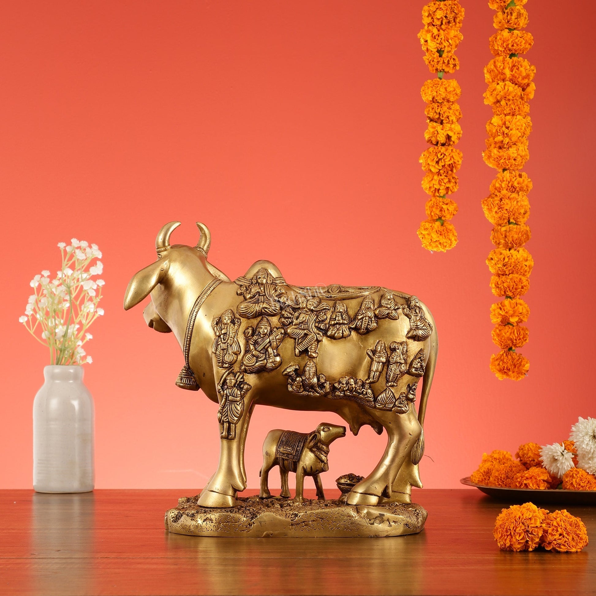 Exquisite large Brass Kamdhenu Cow with Calf Idol