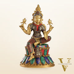 Exquisite Pure Brass Goddess Lakshmi Statue | 14.5" Height | Meenakari Stonework