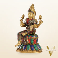 Exquisite Pure Brass Goddess Lakshmi Statue | 14.5" Height | Meenakari Stonework
