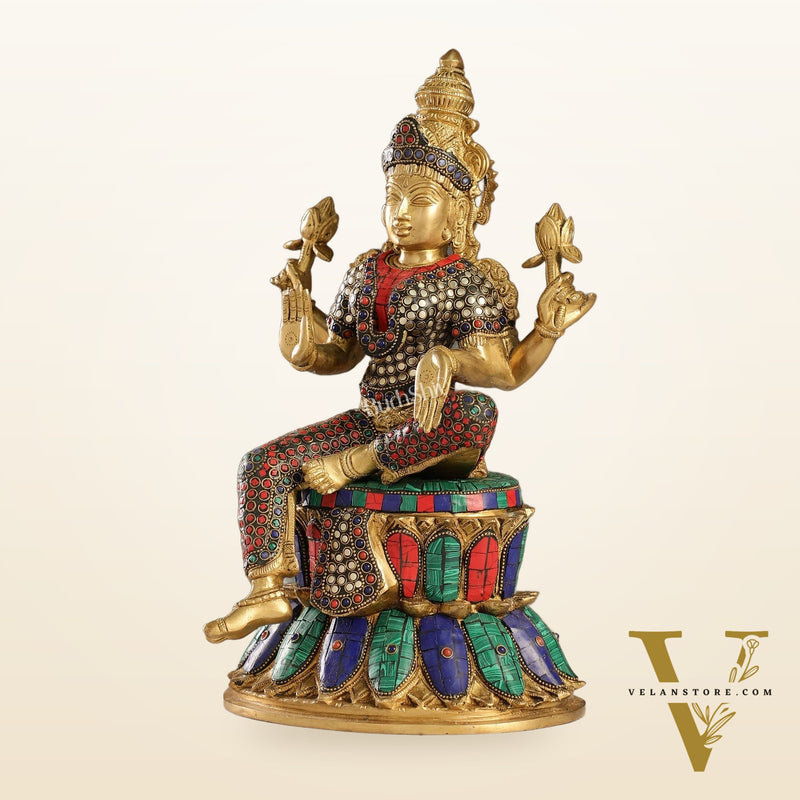 Exquisite Pure Brass Goddess Lakshmi Statue | 14.5" Height | Meenakari Stonework
