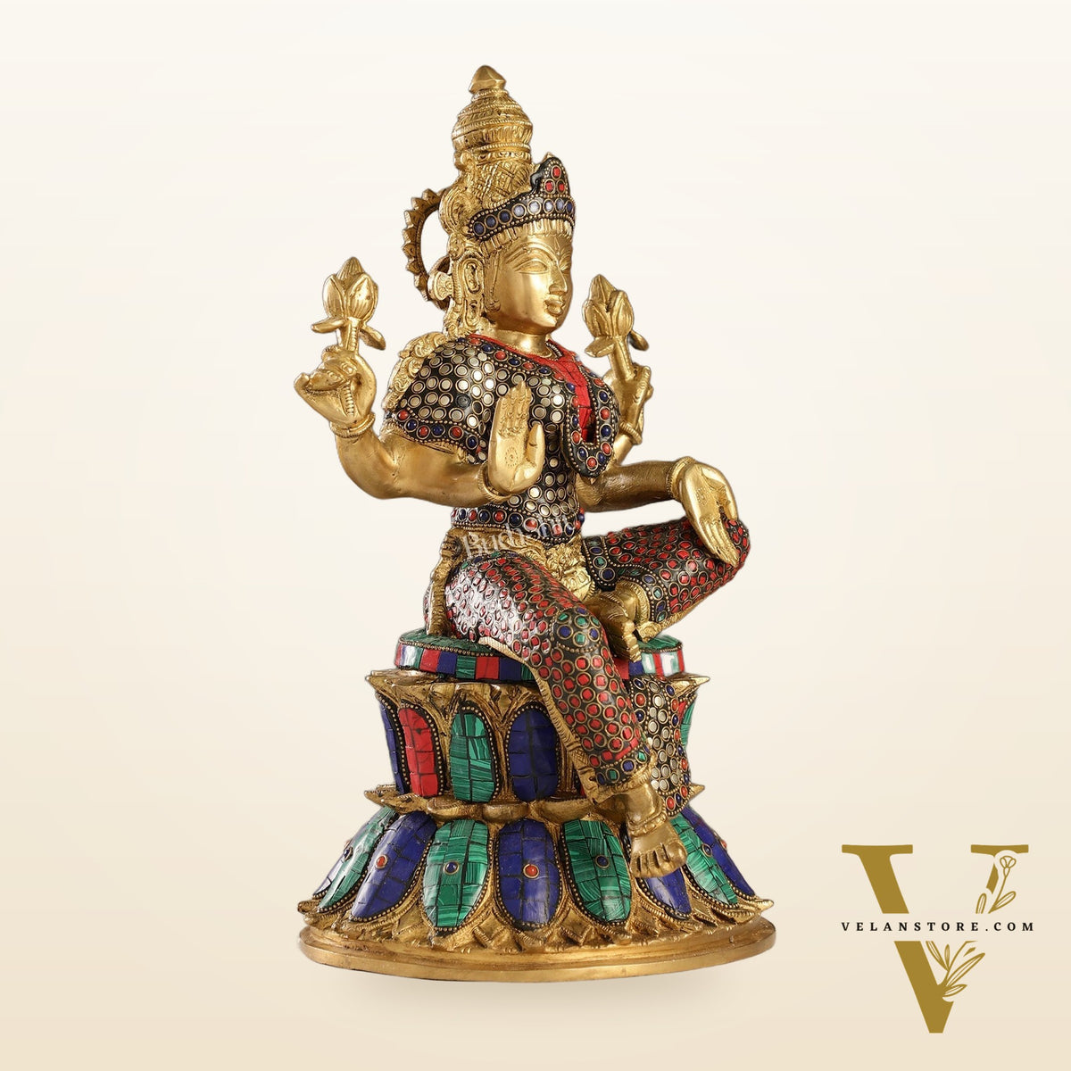 Exquisite Pure Brass Goddess Lakshmi Statue | 14.5" Height | Meenakari Stonework